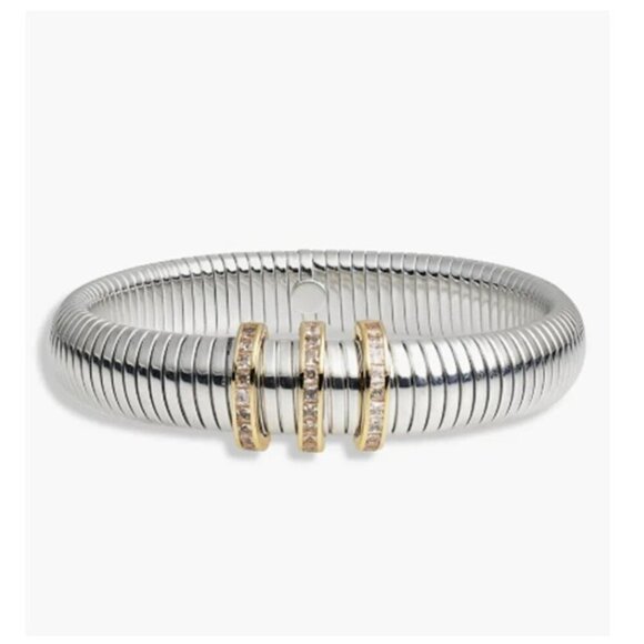 Pave Trio Snake Chain Two Tone Silver & Gold Band Bracelet - Picture 5 of 7